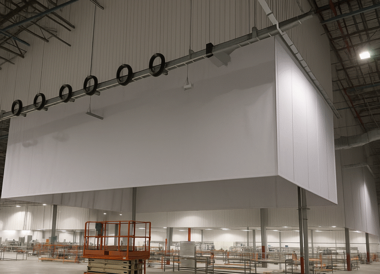 Fire curtain fabric dropping from a ceiling head box