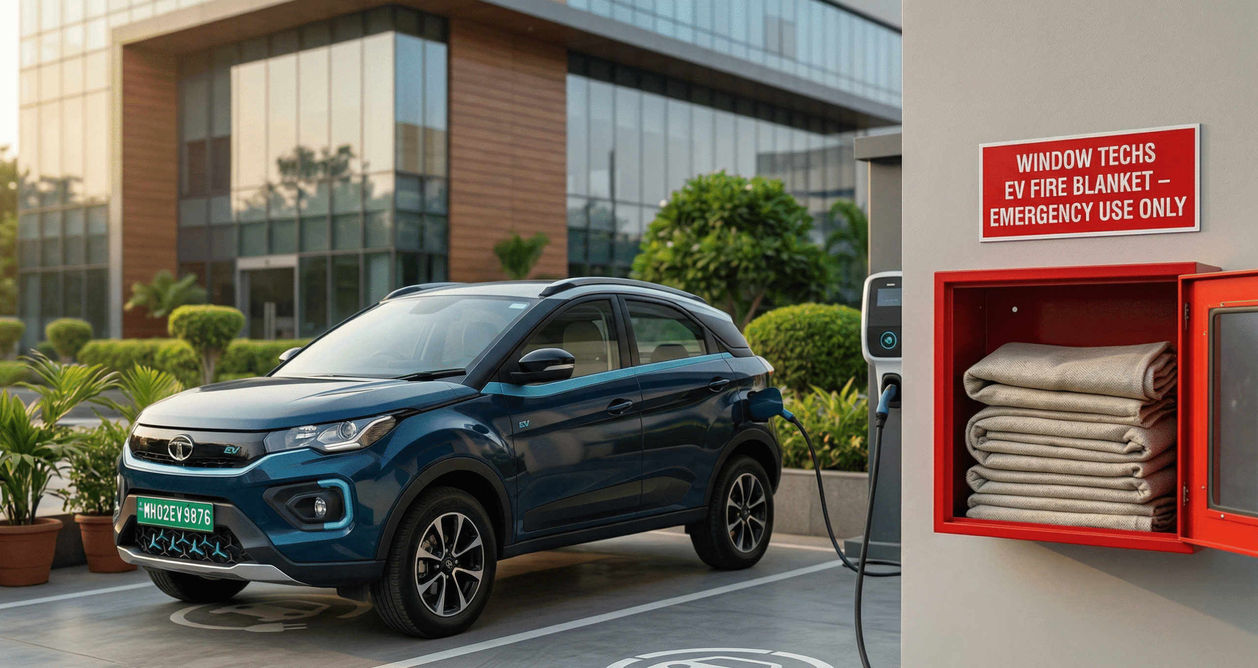 Window Techs EV Fire Blanket — deployed at EV charging station